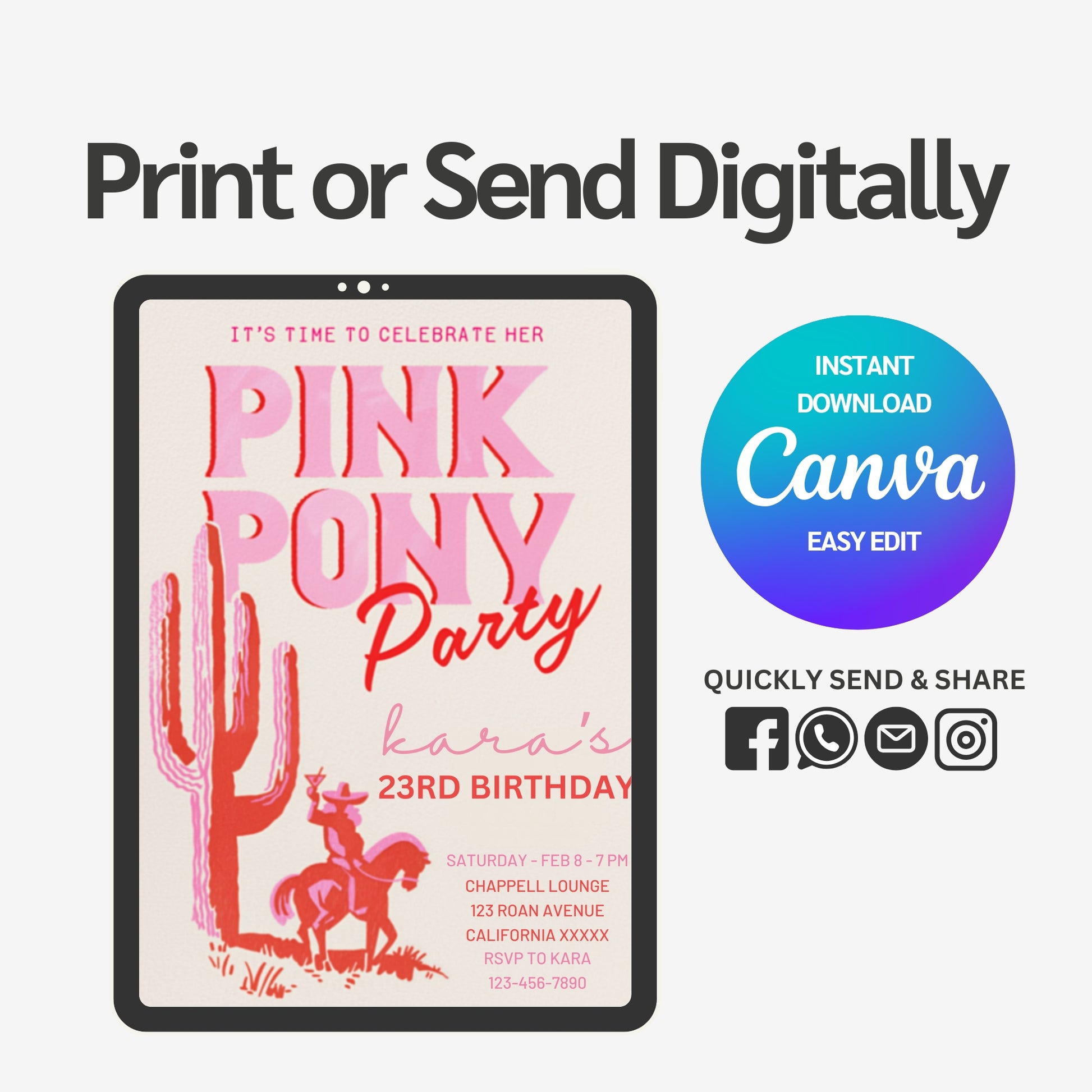 Pink Pony Club birthday invitation template for a stylish rodeo cowgirl celebration! Featuring Chappell Pink aesthetics, this editable invite is perfect for a fun and trendy Pink Pony Club birthday party. Ideal for girls who love horses, cowgirl themes, and all things pink, this invitation sets the tone for a memorable event. Easily customizable and available as a digital download, it's a must-have for a fashionable and unique birthday celebration