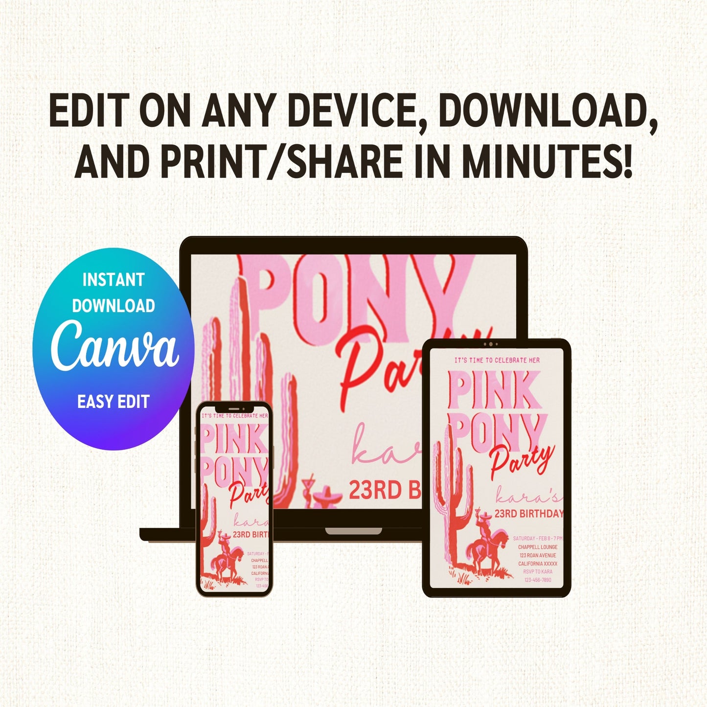 Pink Pony Club birthday invitation template for a stylish rodeo cowgirl celebration! Featuring Chappell Pink aesthetics, this editable invite is perfect for a fun and trendy Pink Pony Club birthday party. Ideal for girls who love horses, cowgirl themes, and all things pink, this invitation sets the tone for a memorable event. Easily customizable and available as a digital download, it's a must-have for a fashionable and unique birthday celebration