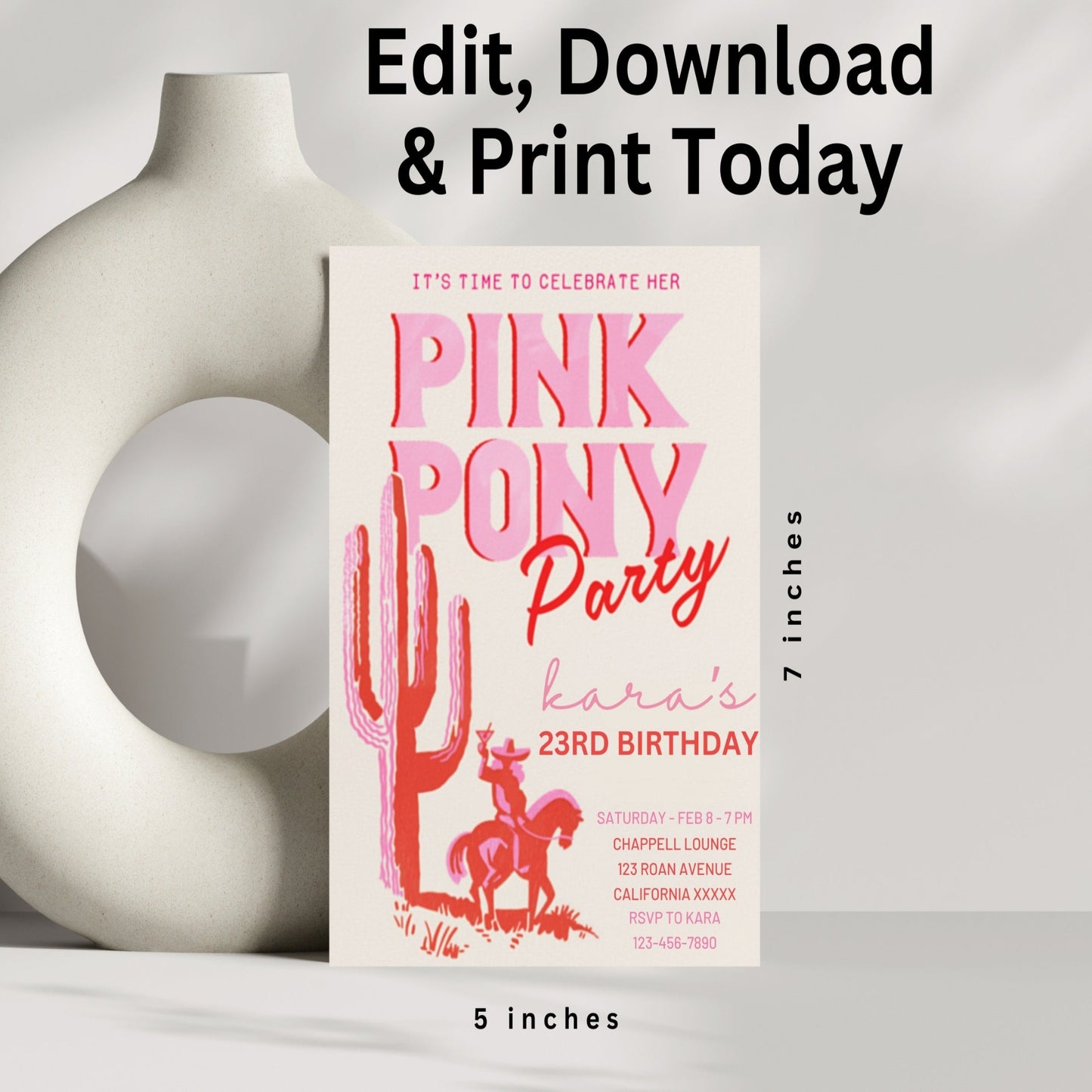 Pink Pony Club birthday invitation template for a stylish rodeo cowgirl celebration! Featuring Chappell Pink aesthetics, this editable invite is perfect for a fun and trendy Pink Pony Club birthday party. Ideal for girls who love horses, cowgirl themes, and all things pink, this invitation sets the tone for a memorable event. Easily customizable and available as a digital download, it's a must-have for a fashionable and unique birthday celebration