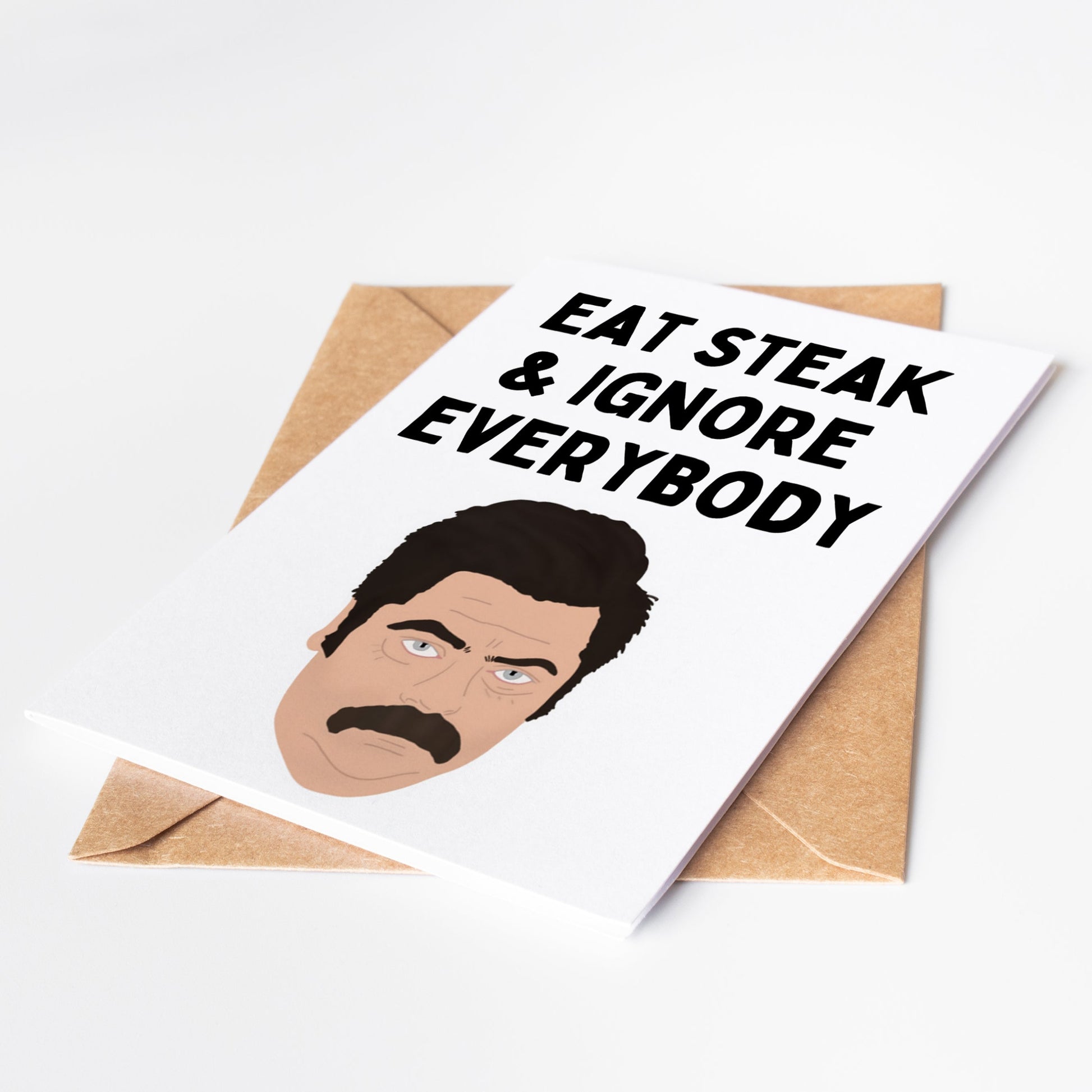 Celebrate the unapologetically confident and hilarious spirit of Ron Swanson with this greeting card. Perfect for any occasion, this card features a bold and iconic image of Ron, sure to bring a smile to any Parks and Recreation fan. Show your appreciation with this one-of-a-kind card!