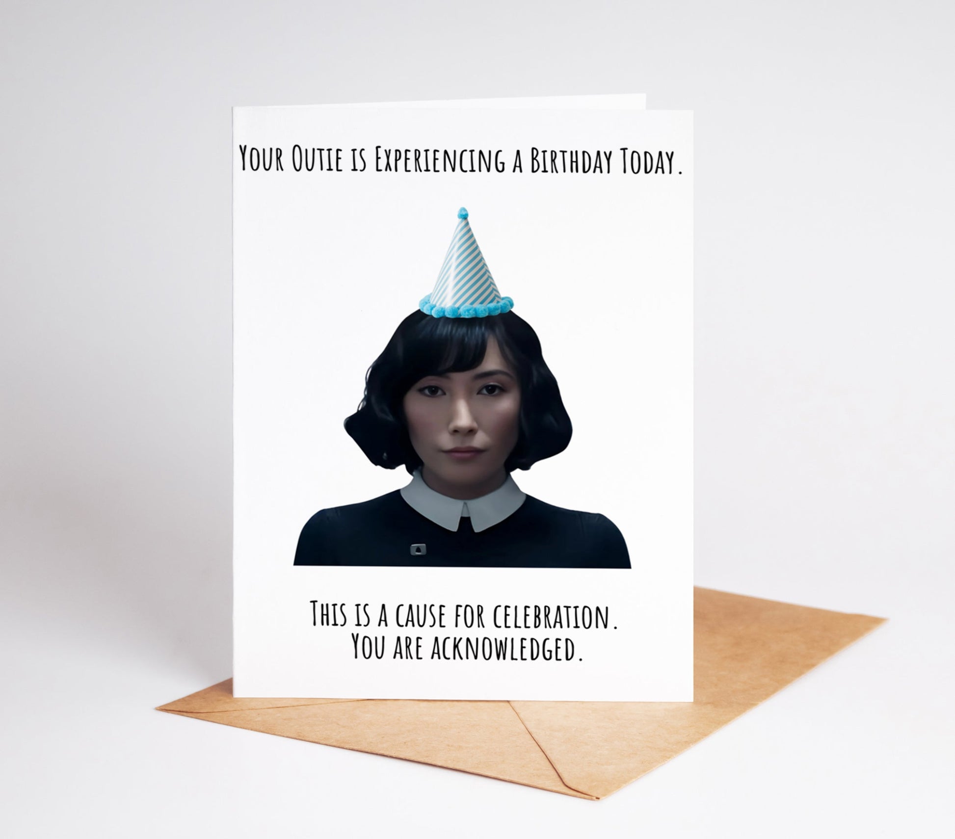 A Severance-themed birthday card featuring Miss Casey from Lumon Industries designed for fans of the Apple TV show Severance This digital download celebrates the mysterious world of Gemmae Mark and Kier Eagan making it a unique gift for any fan of the series Perfect for those who love sci-fi psychological drama and minimalist design this birthday card brings the eerie yet intriguing aesthetic of Severance to life in a thoughtful way Ideal for digital or print use