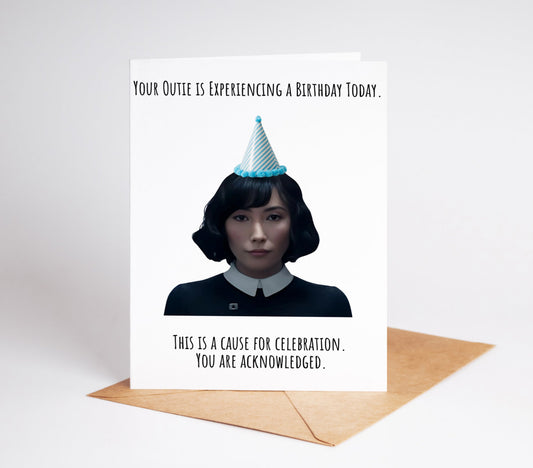 A Severance-themed birthday card featuring Miss Casey from Lumon Industries designed for fans of the Apple TV show Severance This digital download celebrates the mysterious world of Gemmae Mark and Kier Eagan making it a unique gift for any fan of the series Perfect for those who love sci-fi psychological drama and minimalist design this birthday card brings the eerie yet intriguing aesthetic of Severance to life in a thoughtful way Ideal for digital or print use