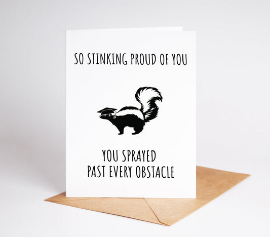 Celebrate their milestone with a smile and a chuckle. Our Funny Skunk Graduation Card adds a touch of humor to any graduation, from high school to post-grad. Perfect for all types of graduates, from teachers to doctors, this card will make their big day even more memorable.