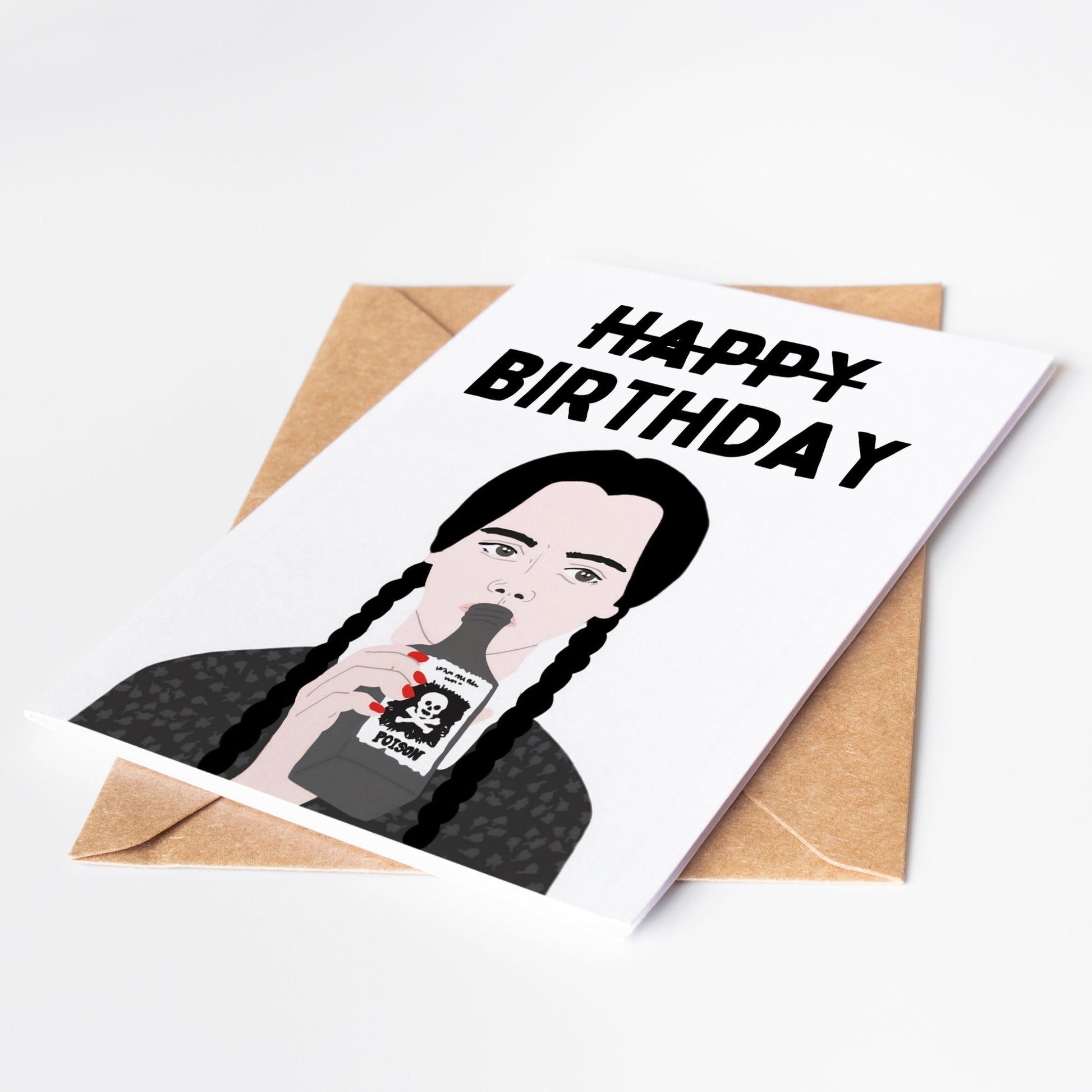Celebrate birthdays with a delightfully dark twist! This Wednesday Addams-inspired birthday card perfectly captures her iconic gloom and deadpan charm.