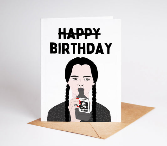 Celebrate birthdays with a delightfully dark twist! This Wednesday Addams-inspired birthday card perfectly captures her iconic gloom and deadpan charm.