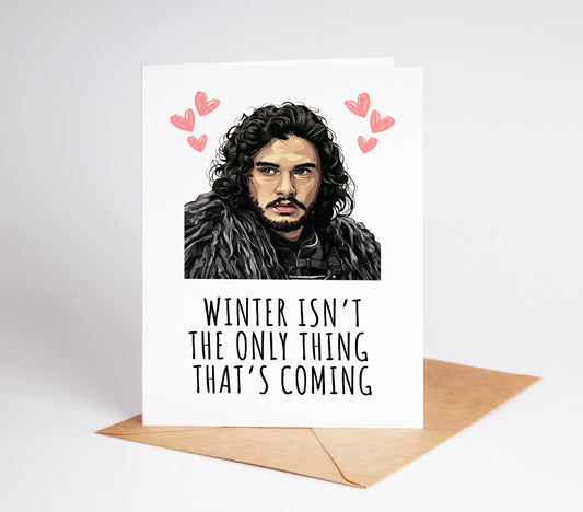 Jon Snow 'Winter is Coming' birthday card featuring a dramatic, medieval-inspired design with bold typography and a cold, wintry aesthetic. Perfect for Game of Thrones fans, this card captures the essence of the North with a nod to the iconic Stark family motto. Designed with a dark and moody color palette, it brings an epic fantasy feel to any birthday celebration. Instantly downloadable for quick and easy printing, making it a perfect last-minute yet thoughtful gift for any Thrones enthusiast.