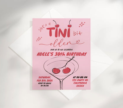 Tini Bit Older Cherry Martini Birthday Editable Invitation