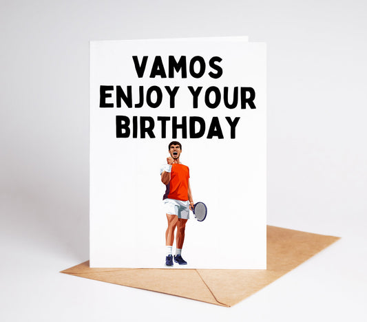 This Carlos Alcaraz Tennis Birthday Card is the perfect way to celebrate any tennis fan's special day! Featuring a colorful design and the talented Carlos Alcaraz, this card is sure to brighten up anyone's birthday.