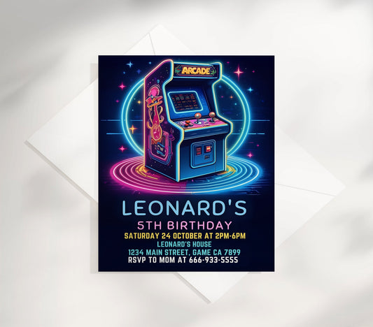 Invite guests to a high-scoring celebration with our Arcade Birthday Invitation Template! Perfect for gamers of all ages, this eye-catching design features vibrant colors and retro gaming graphics that will excite your party guests.