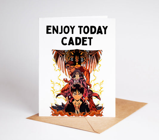 Elevate your gift-giving game with our Attack on Titan card! Perfect for any occasion, this card will surely impress any fan of the popular series. Whether it's for a birthday, graduation, or just because, this card is sure to bring a smile to anyone's face.