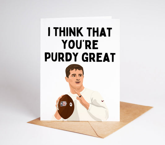 Celebrate your favorite football fan with our exclusive Brock Purdy Football Greeting Card. This eye-catching card features the rising star quarterback in action, perfect for birthdays, game days, or just to show your 49ers pride.&nbsp;