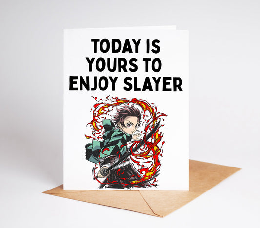 Capture the spirit of Demon Slayer with this beautiful greeting card! Perfect for birthdays, graduations, or any special event, this card is the ideal way to celebrate with your loved ones.