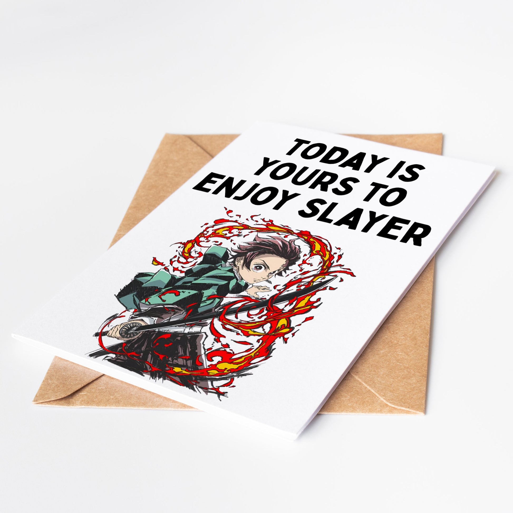 Capture the spirit of Demon Slayer with this beautiful greeting card! Perfect for birthdays, graduations, or any special event, this card is the ideal way to celebrate with your loved ones.