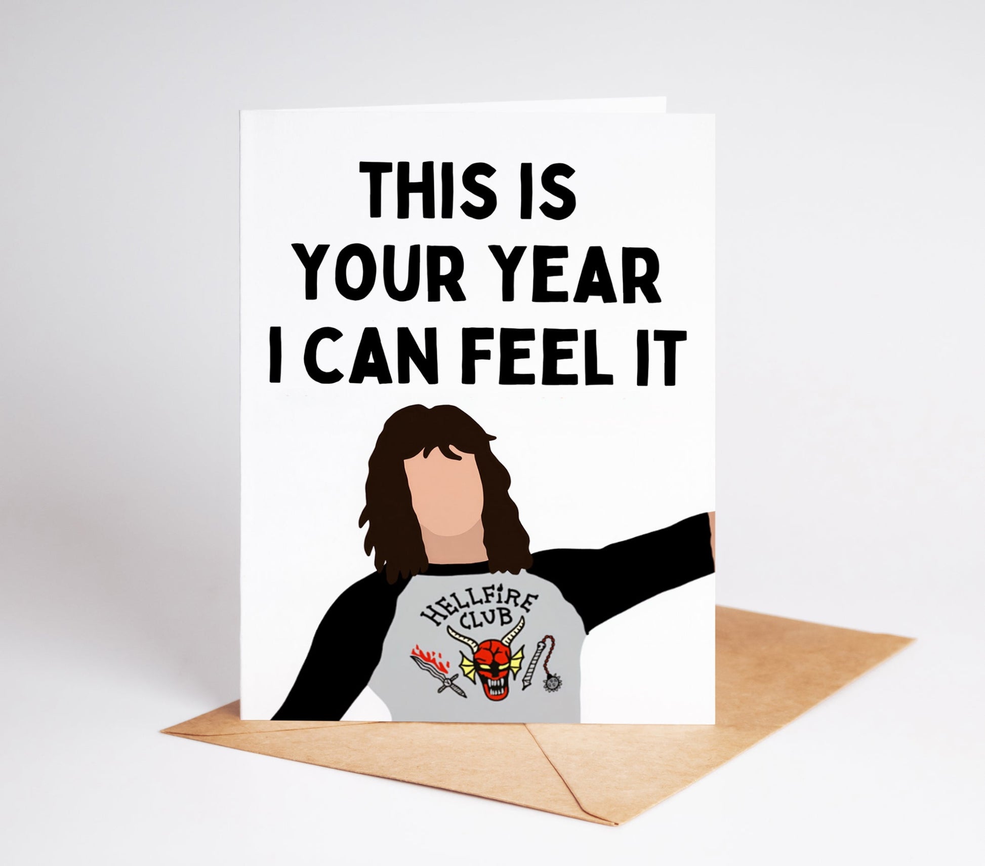 Celebrate your love for Stranger Things with the Eddie Munson Greeting Card! Featuring a unique design and iconic quote, this card is perfect for any fan. Show your appreciation for the show and send this card to a fellow fanatic.