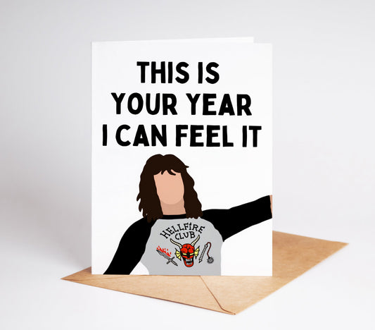 Celebrate your love for Stranger Things with the Eddie Munson Greeting Card! Featuring a unique design and iconic quote, this card is perfect for any fan. Show your appreciation for the show and send this card to a fellow fanatic.