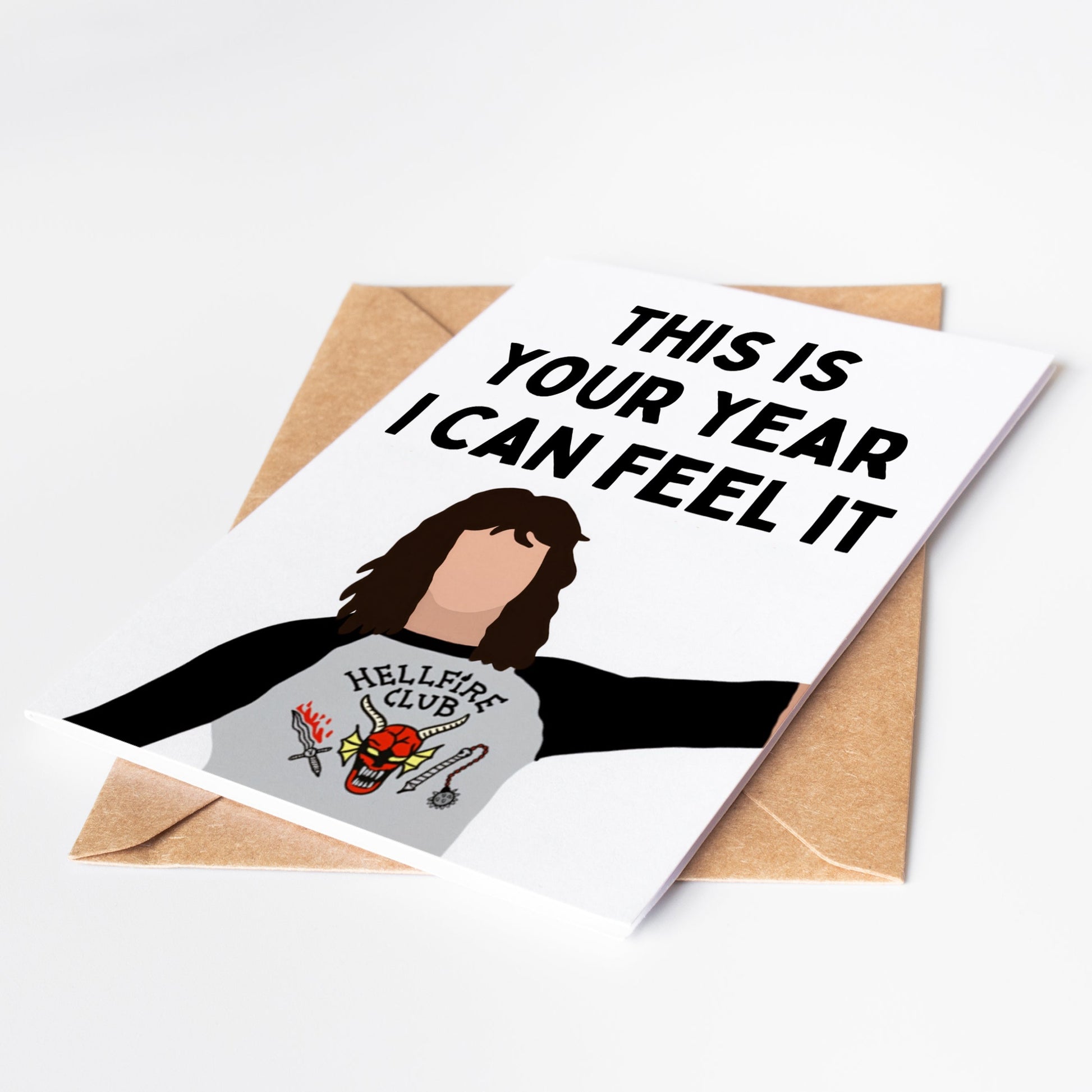 Celebrate your love for Stranger Things with the Eddie Munson Greeting Card! Featuring a unique design and iconic quote, this card is perfect for any fan. Show your appreciation for the show and send this card to a fellow fanatic.