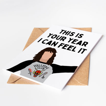 Celebrate your love for Stranger Things with the Eddie Munson Greeting Card! Featuring a unique design and iconic quote, this card is perfect for any fan. Show your appreciation for the show and send this card to a fellow fanatic.