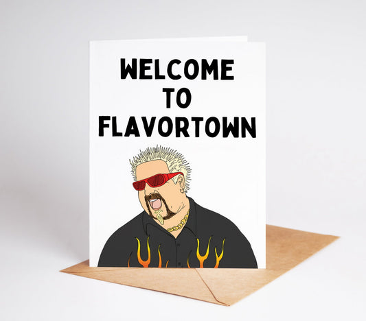 Take your celebrations to Flavortown with this eye-catching Guy Fieri greeting card! Perfect for food enthusiasts and fans of the spiky-haired culinary icon, this card delivers big personality and bold style.