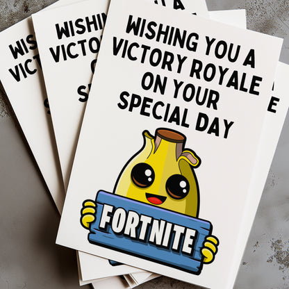 Celebrate your loved one's special day with the perfect card - the Fortnite Birthday Card! Featuring iconic characters and designs from the popular game, this card is sure to bring a smile to any fan's face.