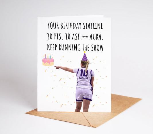 Celebrate in style with the Hailey Van Lith WNBA Birthday Card! With a vibrant design and a personalized message, this card is the perfect way to show your love and support for the basketball superstar on her special day. Give the gift of inspiration and motivation with this one-of-a-kind birthday card.