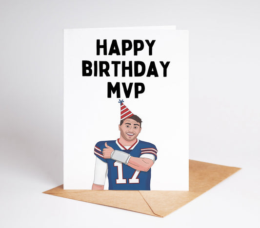 Celebrate your favorite football fan's birthday with the Josh Allen Birthday Card! Featuring the beloved Buffalo Bills quarterback on the front, this card is the perfect way to show your love and support.