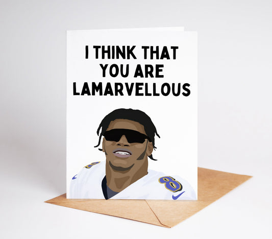 Celebrate your favorite football fan with this exclusive Lamar Jackson greeting card. Perfect for birthdays, game days, or just to show your Ravens pride.