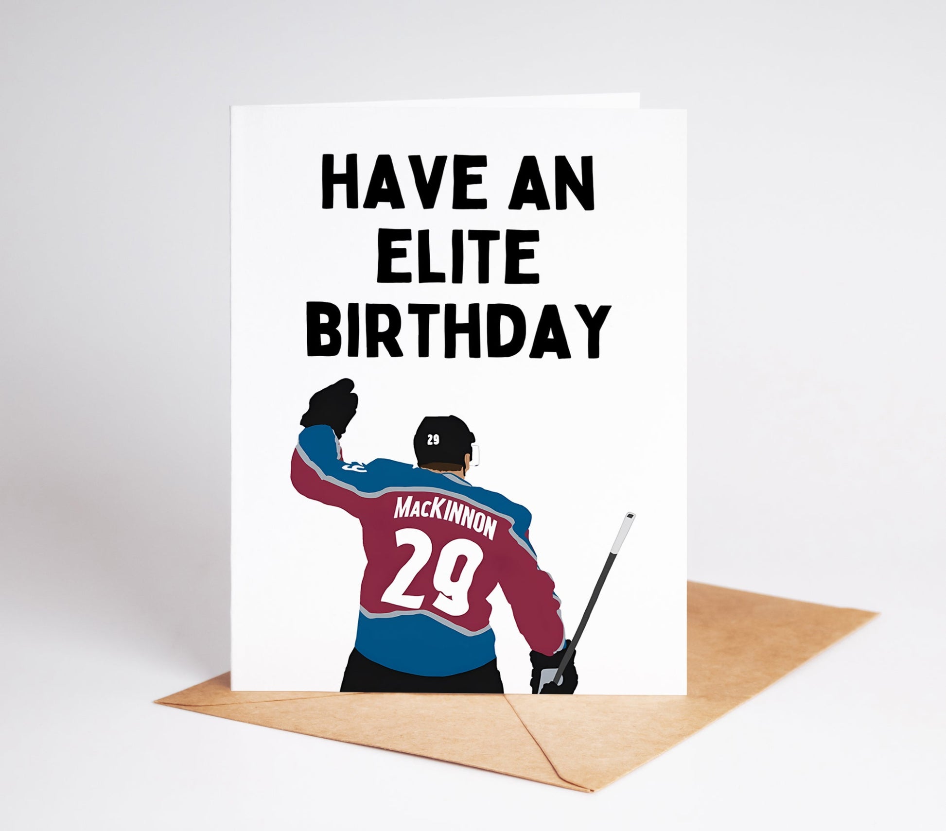 Celebrate the ultimate NHL fan's birthday with our Nathan MacKinnon card! Featuring the star player in action, this card is a must-have for any hockey lover. Made with high-quality materials, it's durable and sure to bring a smile to their face.