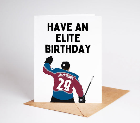 Celebrate the ultimate NHL fan's birthday with our Nathan MacKinnon card! Featuring the star player in action, this card is a must-have for any hockey lover. Made with high-quality materials, it's durable and sure to bring a smile to their face.