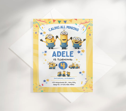 Throw the ultimate Minions-themed celebration with our customizable birthday invitation! Perfect for fans of these lovable yellow characters, this editable template lets you personalize all the party details in minutes. Simply download, edit, and print or share digitally—making party planning as fun as saying "Banana!" Guaranteed to excite guests and set the tone for an unforgettable Minion adventure.