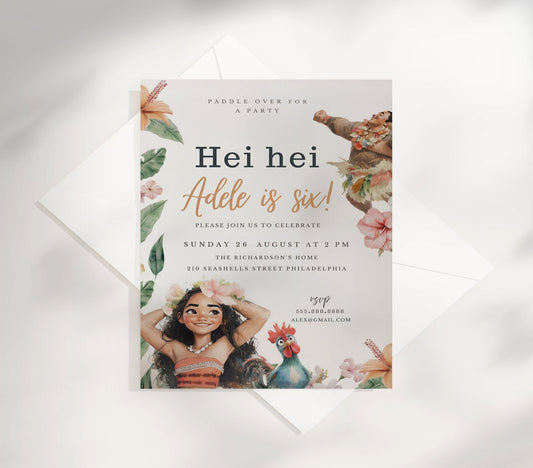Create unforgettable Moana-themed celebrations with our editable birthday invitation. Customize details to match your child's special day while featuring vibrant tropical designs and beloved characters from the hit Disney film. Perfect for hassle-free party planning that will delight your little adventurer and impress guests.