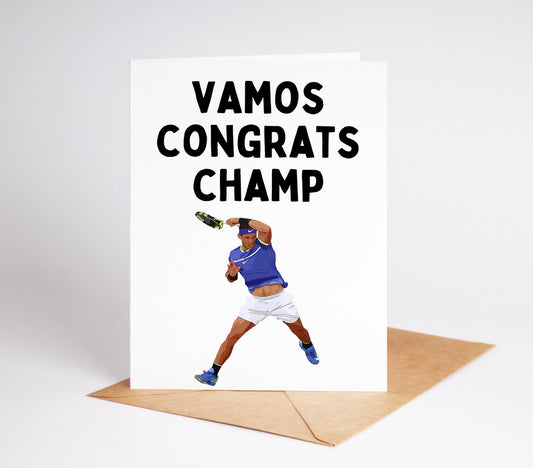Celebrate your loved one's achievements with our Rafa Nadal Tennis Greeting Card! Featuring a perfect congratulations message, this card is the ultimate way to show your support and admiration.