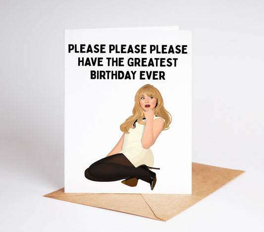 Celebrate your loved one's special day with this personalized Sabrina Carpenter birthday card! Featuring a heartfelt message featuring her song"Please please please", this card is sure to make their day even more special.&nbsp;