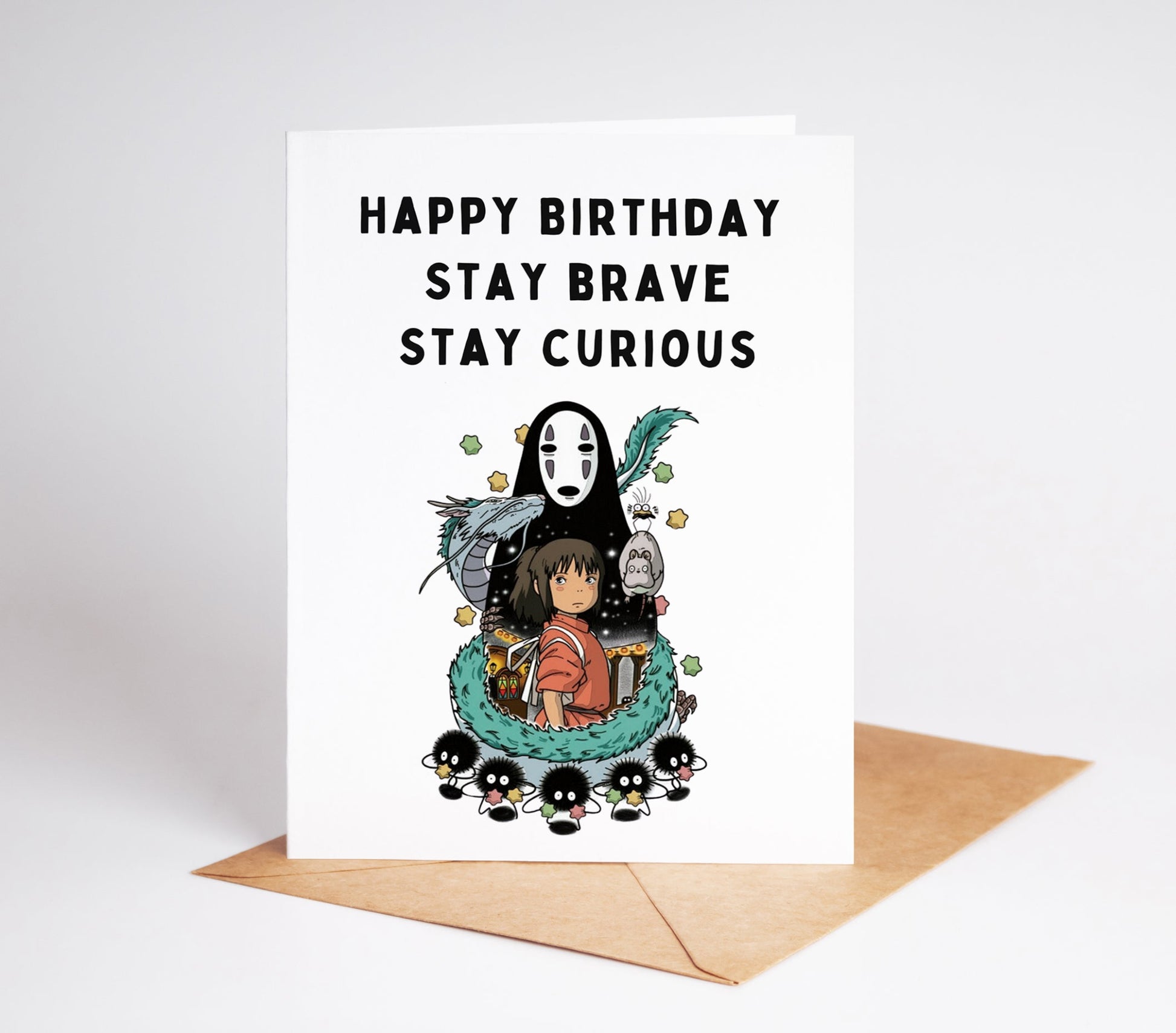 Celebrate their special day with our Spirited Away Birthday Card! Featuring iconic characters from the beloved film, this card is perfect for any anime fan. Show your love and send them on a magical journey with this enchanting card. Spread joy and wonder with our Spirited Away Birthday Card.