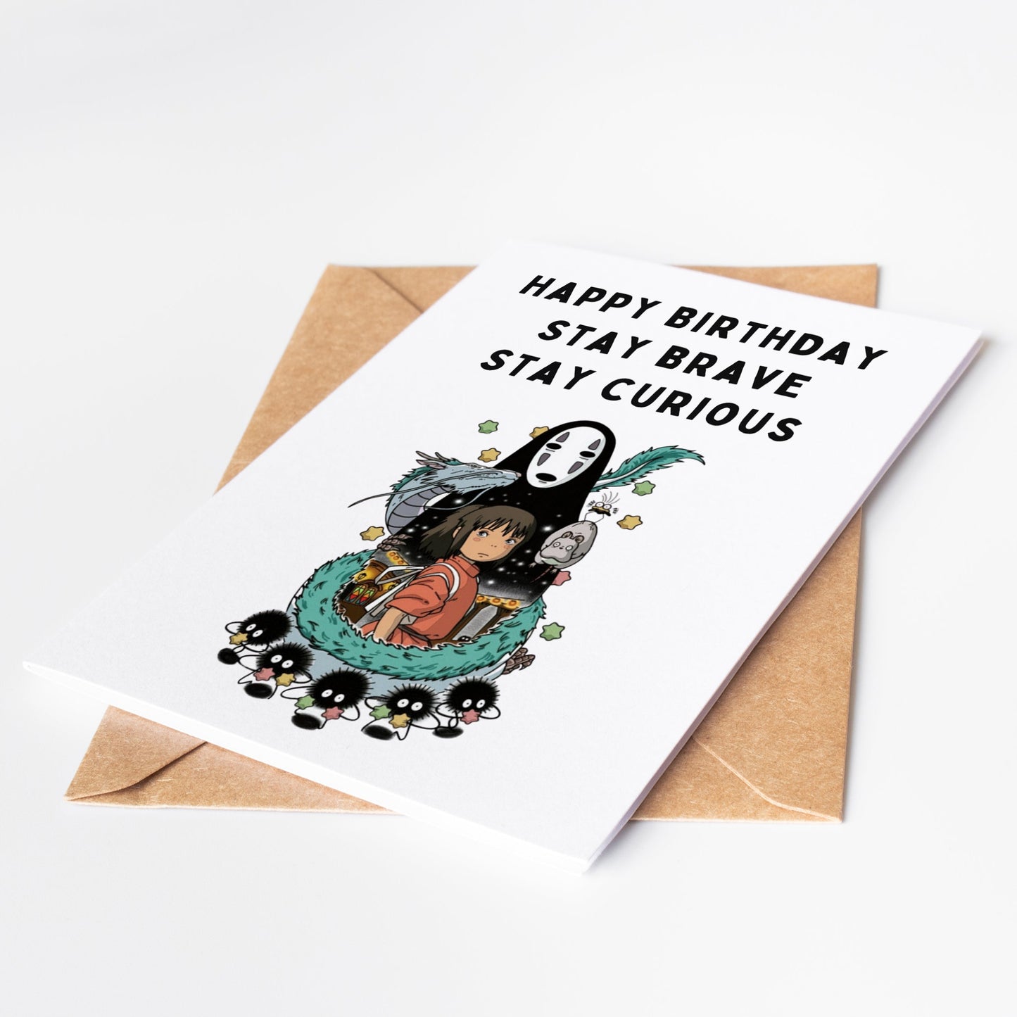 Celebrate their special day with our Spirited Away Birthday Card! Featuring iconic characters from the beloved film, this card is perfect for any anime fan. Show your love and send them on a magical journey with this enchanting card. Spread joy and wonder with our Spirited Away Birthday Card.