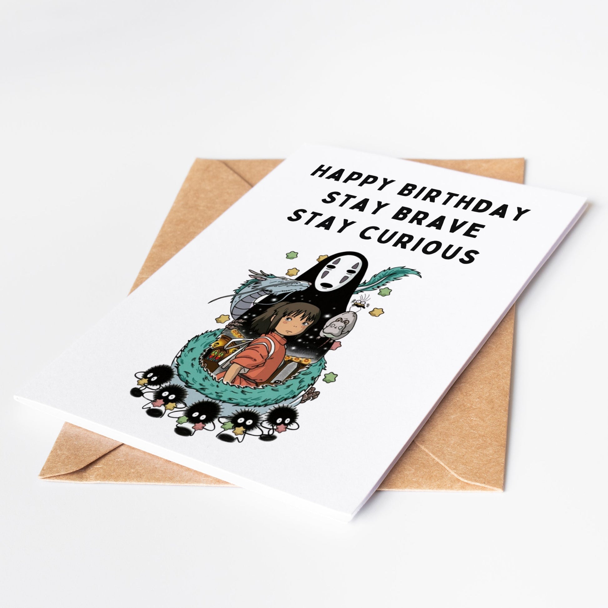 Celebrate their special day with our Spirited Away Birthday Card! Featuring iconic characters from the beloved film, this card is perfect for any anime fan. Show your love and send them on a magical journey with this enchanting card. Spread joy and wonder with our Spirited Away Birthday Card.