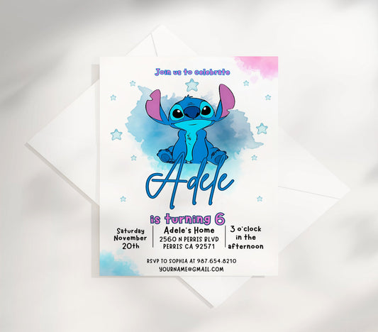 Celebrate your little one's special day with our adorable Stitch Birthday Invitation Template! This charming design features everyone's favorite blue alien, perfect for creating memorable invitations that guests won't be able to resist.