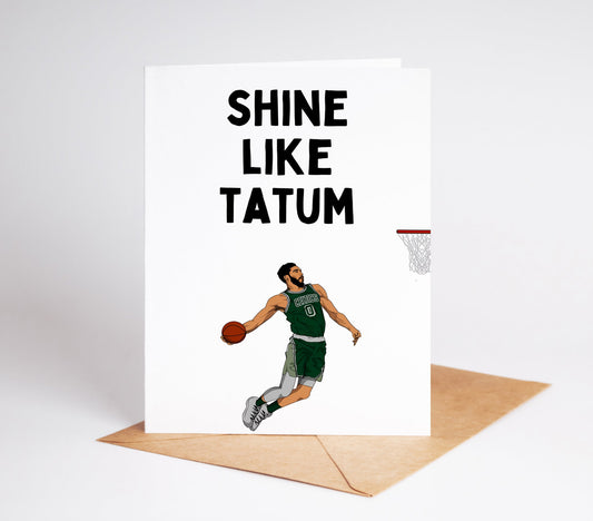 Celebrate your love for basketball with the Jayson Tatum NBA Greeting Card. Perfect for birthdays, graduations, or any event, this card features the rising star and is sure to inspire excitement and passion in any fan. Show your support for one of the game's greatest players and share the love of basketball with this one-of-a-kind card.