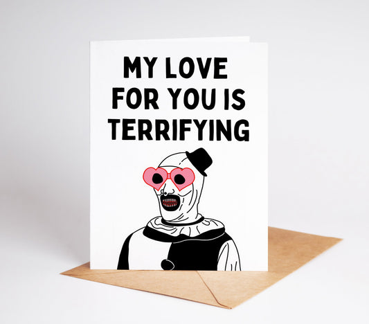 Experience the thrill and terror of the "Terrifier" horror movie with our exclusive greeting card. Featuring the iconic killer clown, this card is perfect for any horror fan. Share the fear with your loved ones and leave them screaming for more!