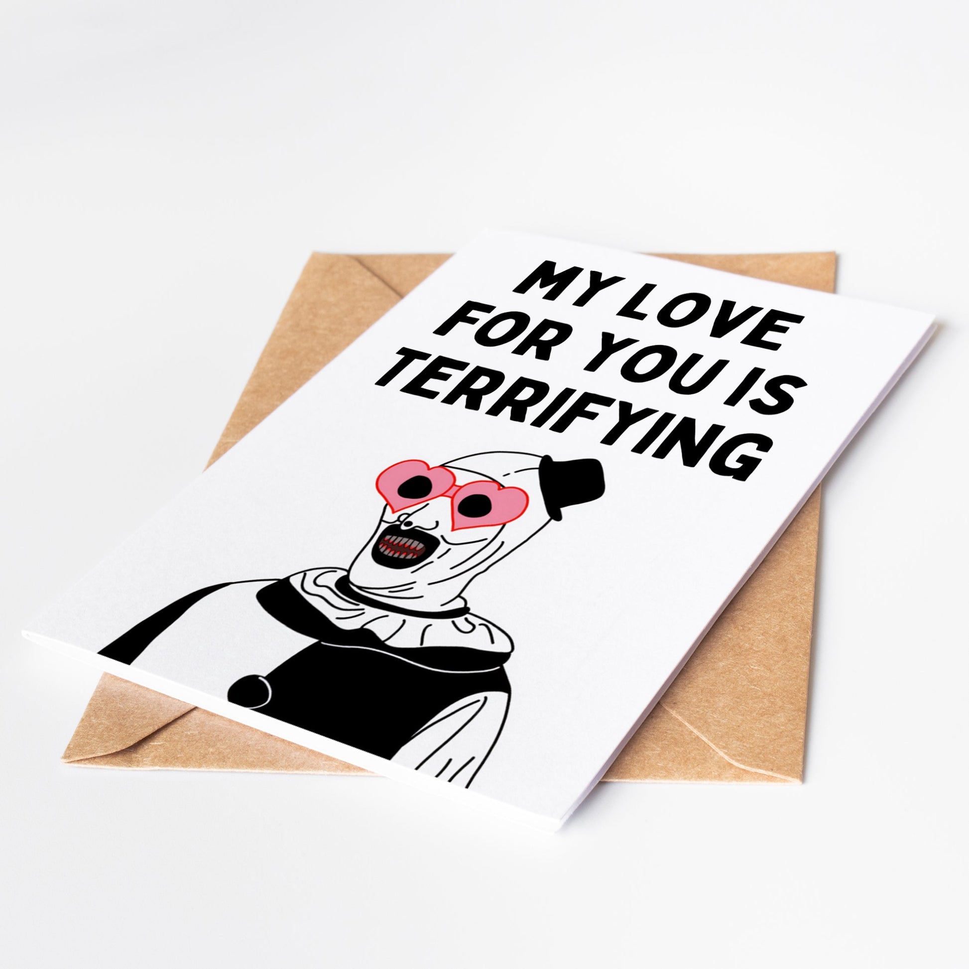 Experience the thrill and terror of the "Terrifier" horror movie with our exclusive greeting card. Featuring the iconic killer clown, this card is perfect for any horror fan. Share the fear with your loved ones and leave them screaming for more!