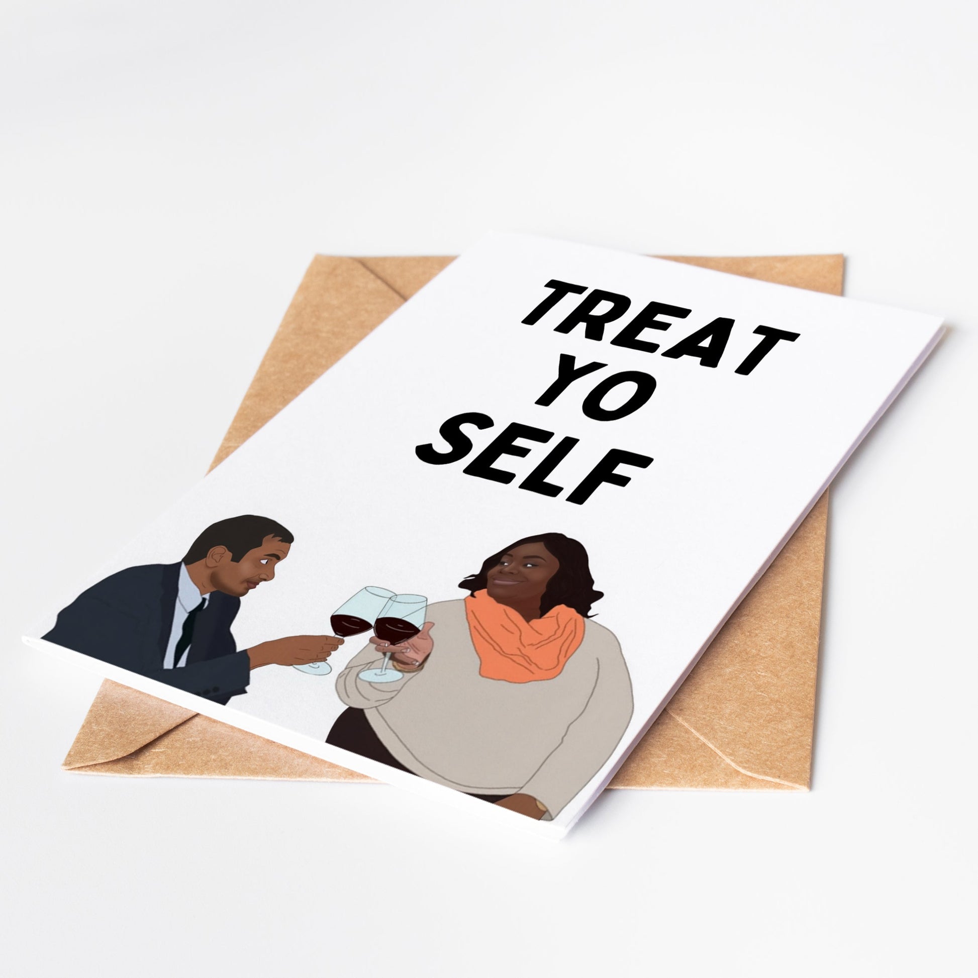Indulge in the ultimate birthday treat with this Parks and Recreation card featuring the iconic "Treat Yo Self" catchphrase! Perfect for any fan of the show, this card will bring a smile and a laugh. Treat yo self or a loved one to this one-of-a-kind birthday card and make their day extra special!