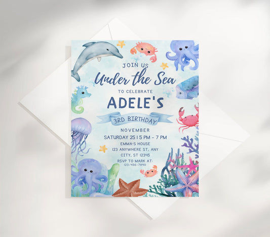 Dive into birthday celebrations with our enchanting Under The Sea Birthday Invitation Template. Perfect for ocean-themed parties, this eye-catching design features vibrant marine elements that will captivate your guests.