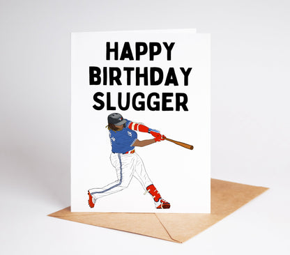Celebrate your loved one's birthday with this Vladimir Guerrero Jr. Baseball Birthday Card! Featuring the star player himself, this card is the perfect gift for any baseball fan. Show your support and admiration through this unique and memorable card. A home run for any birthday celebration!